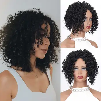Синтетичен кратък афро-къдрава Черна перука, топперы за коса, Топлоустойчиви, големи, еластична За черни жени, перука с дълбока вълна за ежедневна употреба.