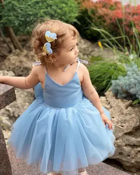 Синя рокля за момичета, разкошни рокли с цветя модел за момичета, принцеса рокля с дълги ръкави и лък, рокли за причастие, рокли за именинницы