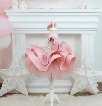 Сладка розова рокля за момиче в първи рожден ден с лък, празнична принцеса рокля с къс ръкав, празничен пакет за момичета, бебето размер 12 18 24 м