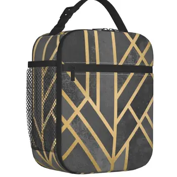 Случайна чанта за обяд в стил арт деко Grey Gold Geometry за пикник сред природата с абстрактна геометрия, преносим охладител, термобокс за bento за жени и деца