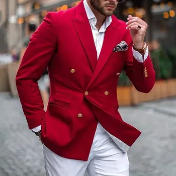 Случайни червен двубортный мъжки костюм с бели панталони Оборудвана Смокинг за младоженеца на абитуриентски, булчински облекла, моден блейзър от 2 теми
