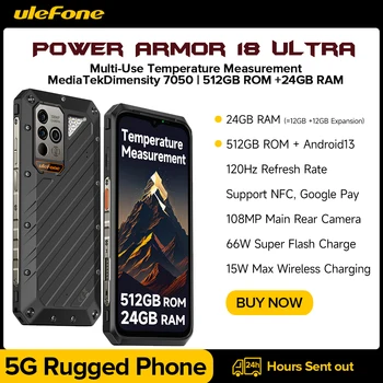 Смартфон Ulefone Power Armor 18 Ultra 5G 512 GB ROM + 24 GB RAM памет и Android 13 Здрав телефон 108 MP, 9600 ма 66 W NFC 120 Hz 6,58 