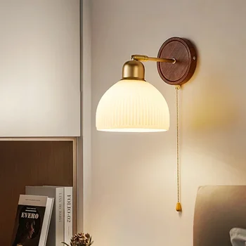 Стенен лампа от скандинавския стъкло за хола, спалня, прикроватной нощни шкафчета, коридор, монтиран на стената лампа, цвят дърво с подвижни прекъсвач, чиято декоративна украса за дома E27