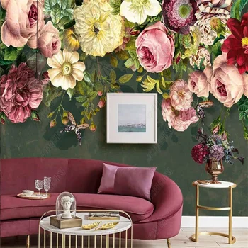 Тапет с цветя рисувани в европейски стил, тапети с маслена рисувани в европейски стил, елегантни стенни тапети за хола