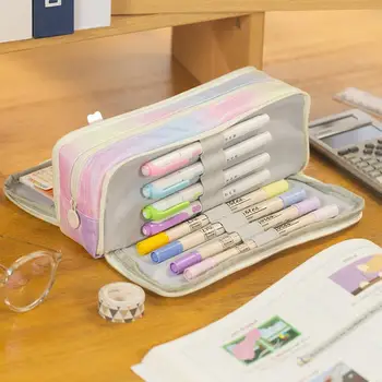 Тежкотоварни чанта за моливи, чанта за моливи наклон цвят, трехслойная чанта за писалки наклон цвят, преносим чанта с цип за момичета