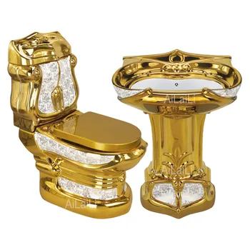 Тоалетна чиния Golden Palace в ретро стил, хотел, цветни перлено бял тоалетна чиния, Разделно седалка за тоалетната чиния, Цветни Златното творчество