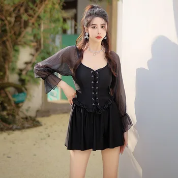 Трико с дълъг ръкав от Южна Корея, дамски консервативна пола, едно парче бански за малки гърди, тънък модерен пролетен костюм Ins