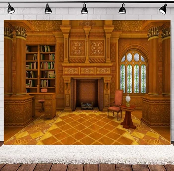 Фон за снимки Enchanted библиотека Завладени от Магията на Ретро Фон за интериора Винтажной стая за обучение на библиотеката Килима Камина