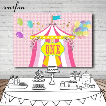 Фон за снимки партита Sensfun Pink Carnival Circus балони, Декори за парти по случай 1-ви рожден Ден момичета Винил за фотосесии По поръчка