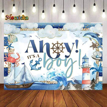 Фон за тематични партита Baby Shower Blue Sailing Adventure, Този банер на рожден ден Ahoy Момче, Фоново снимка на ветроходна лодка с вълните