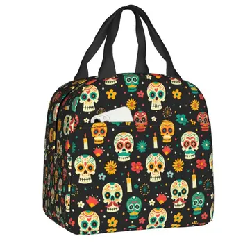 Чанта за обяд от мексиканския цвете и захарен череп, женски термоохладитель, изолиран обяд-бокс за ученици, ученически, Работни чанти за пикник с храна