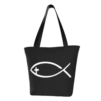 Чанта за пазаруване с риба и кръста на Исус, холщовая чанта за пазаруване с кавайным принтом, по-голямата голям християнски чанта