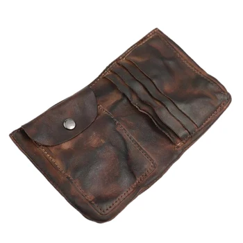 Чантата с морщинками, ретро мъжки държач за карти от телешка кожа, ръчна изработка на Кожени двойни скоби за пари, кафе