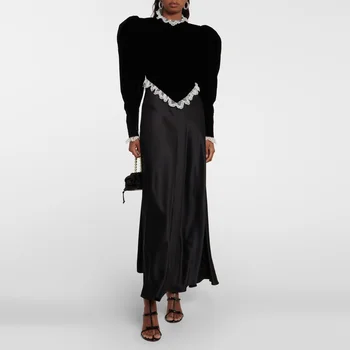 Черни вечерни рокли ROSELLA свързани с кръгло деколте и пищни ръкави, рокли за абитуриентски бал с дължина от щиколотку рокля с трапецовидна форма за по-официални събития