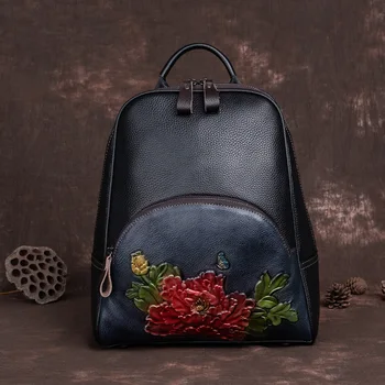 Черни ретро Раници от естествена кожа, за жени, реколта чанта през рамо с релефна ръчна изработка, раница с цветя модел в китайски стил
