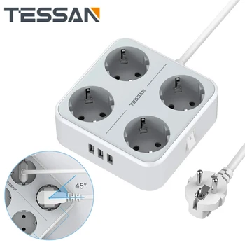 Штепсельная вилица TESSAN EU Контакт ac захранващ кабел Multiprise Smart Home удължителен кабел с дължина 2 м Електрически контакт и с 3 USB порта, и ключа за включване / изключване