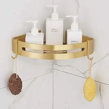 Ъглова етажерка Tuqiu Полк за баня от матово злато, тоалетка с огледало, алуминий съхранение на баня, монтиране на стена, перфорация, подвешивание на стената
