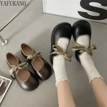 Японски тънки обувки Mary Jane, с плоска подметка, дантела, с кръгло бомбе, в стил колеж, JK, малки кожени обувки, модерни ежедневни студентски обувки на плоска подметка